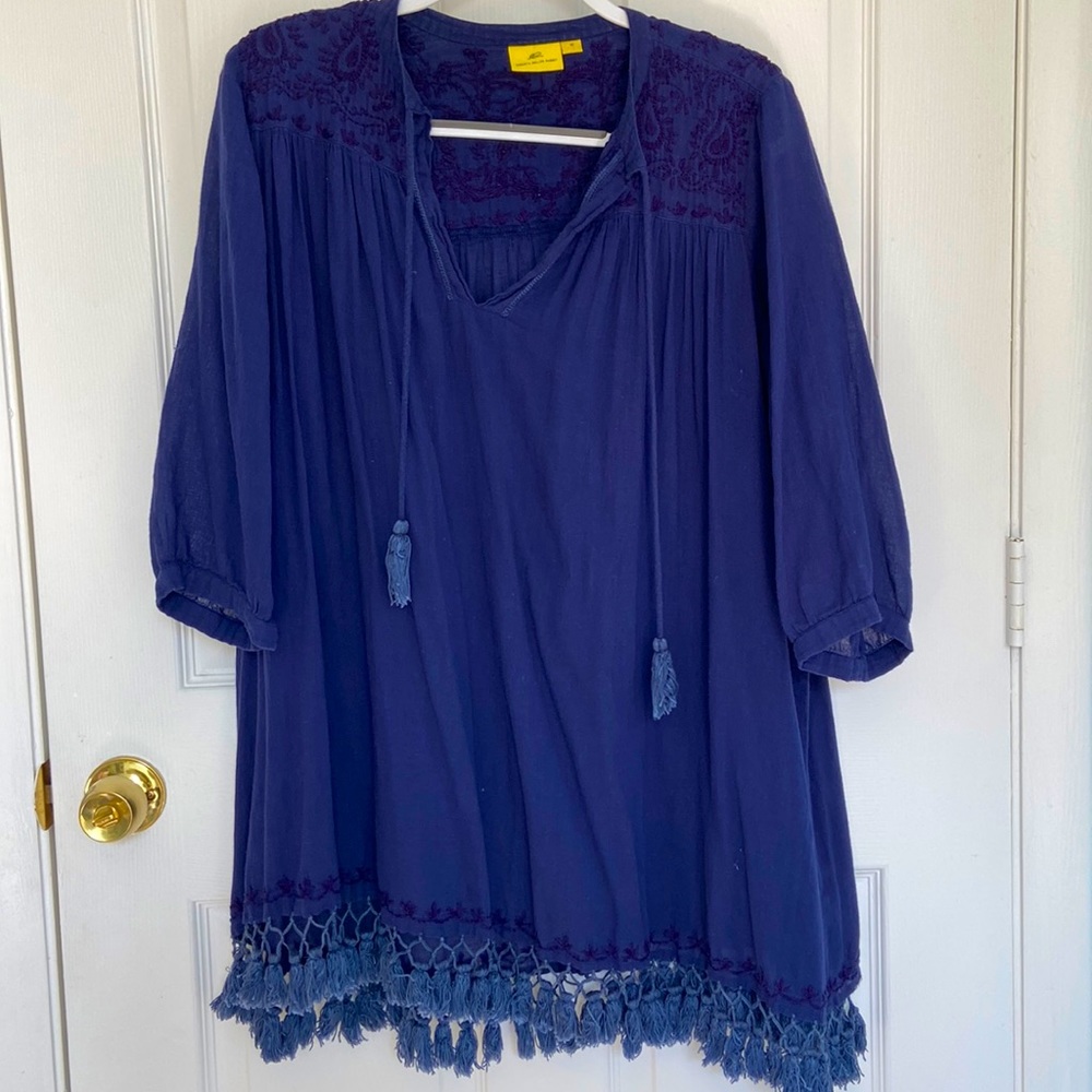 Roberta Roller Rabbit Embroidered Tunic Coverup with tassels in Navy/Indigo